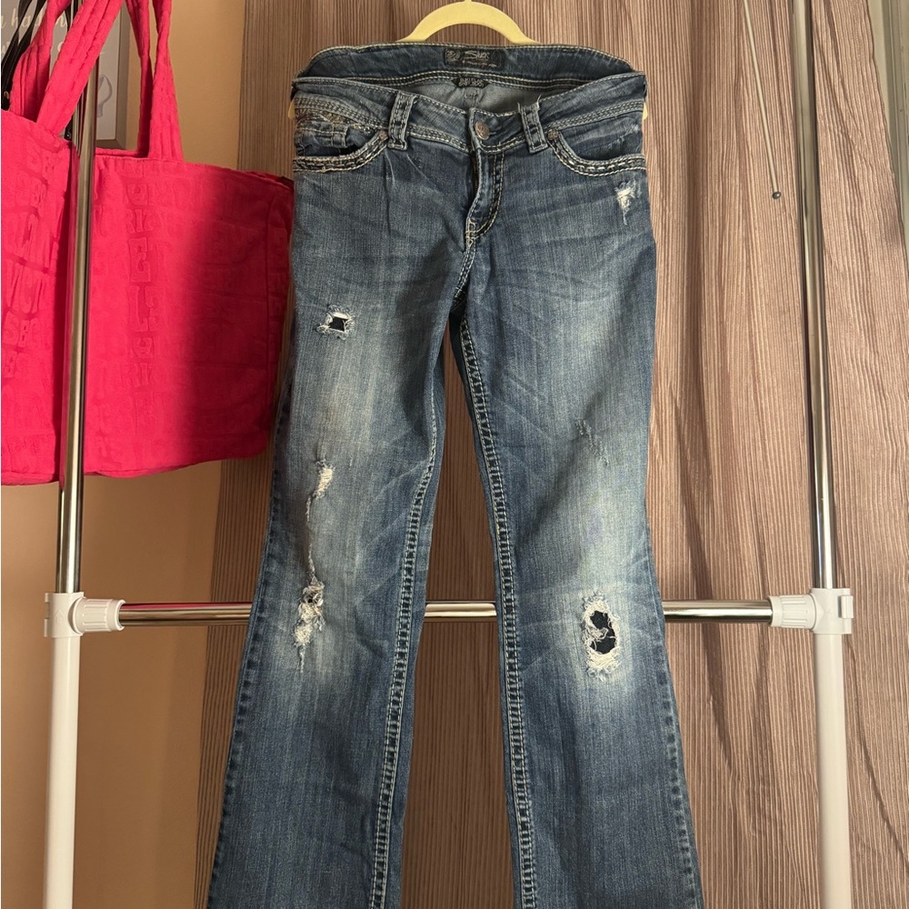 Silver "Suki" Jeans Blue Distressed Baby Boot Leg Jeans